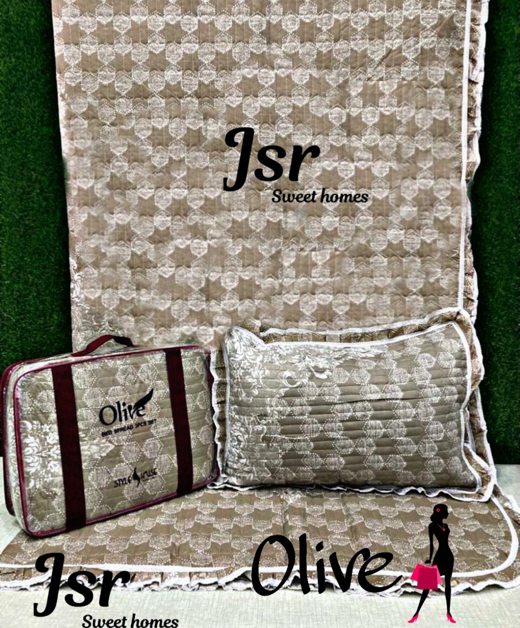 OLIVE REVERSABLE QUILTED FRILLED BEDCOVER