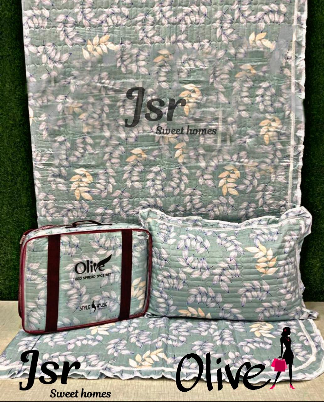 OLIVE REVERSABLE QUILTED FRILLED BEDCOVER