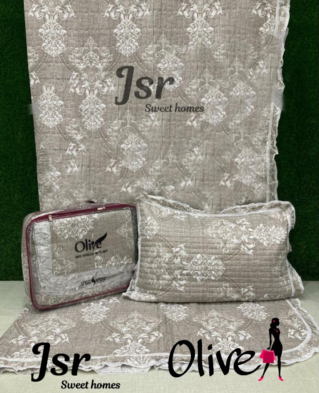 OLIVE REVERSABLE QUILTED FRILLED BEDCOVER