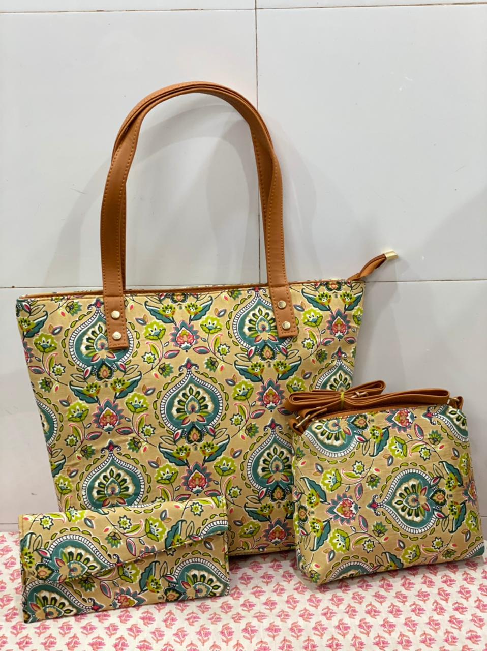 cotton fabric on faux leather bags