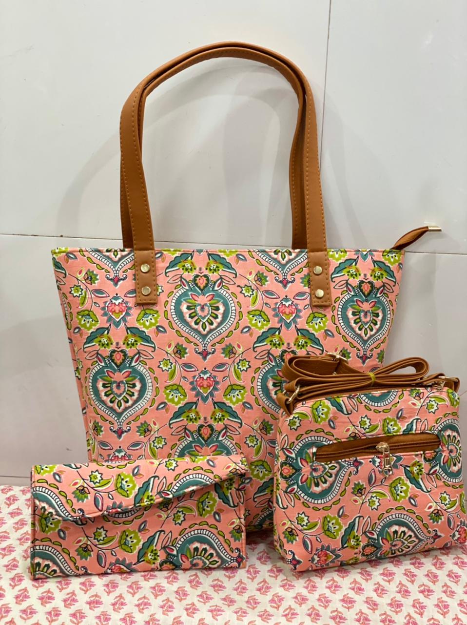 cotton fabric on faux leather bags