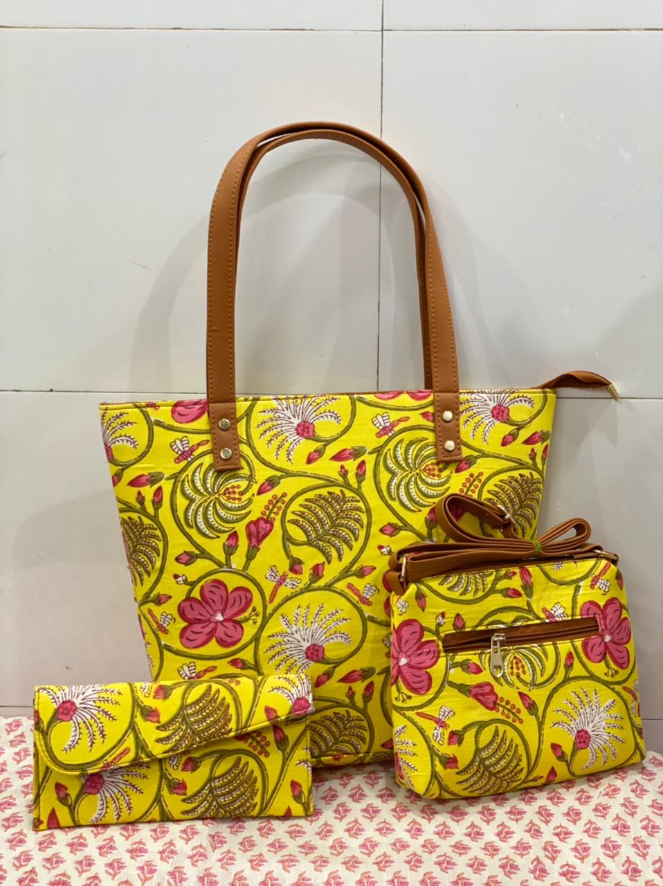 cotton fabric on faux leather bags