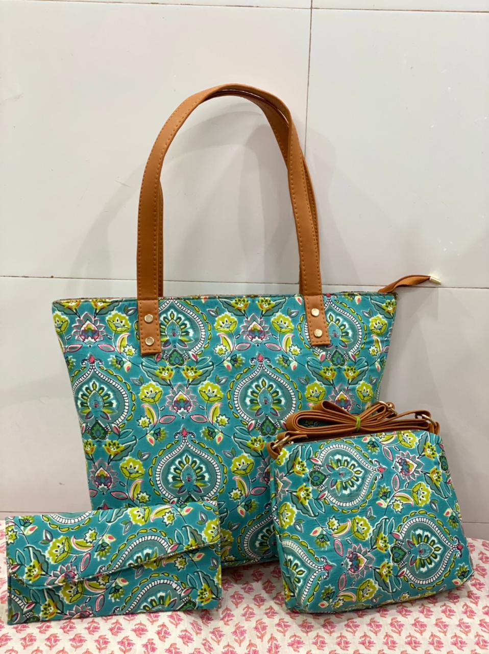 cotton fabric on faux leather bags