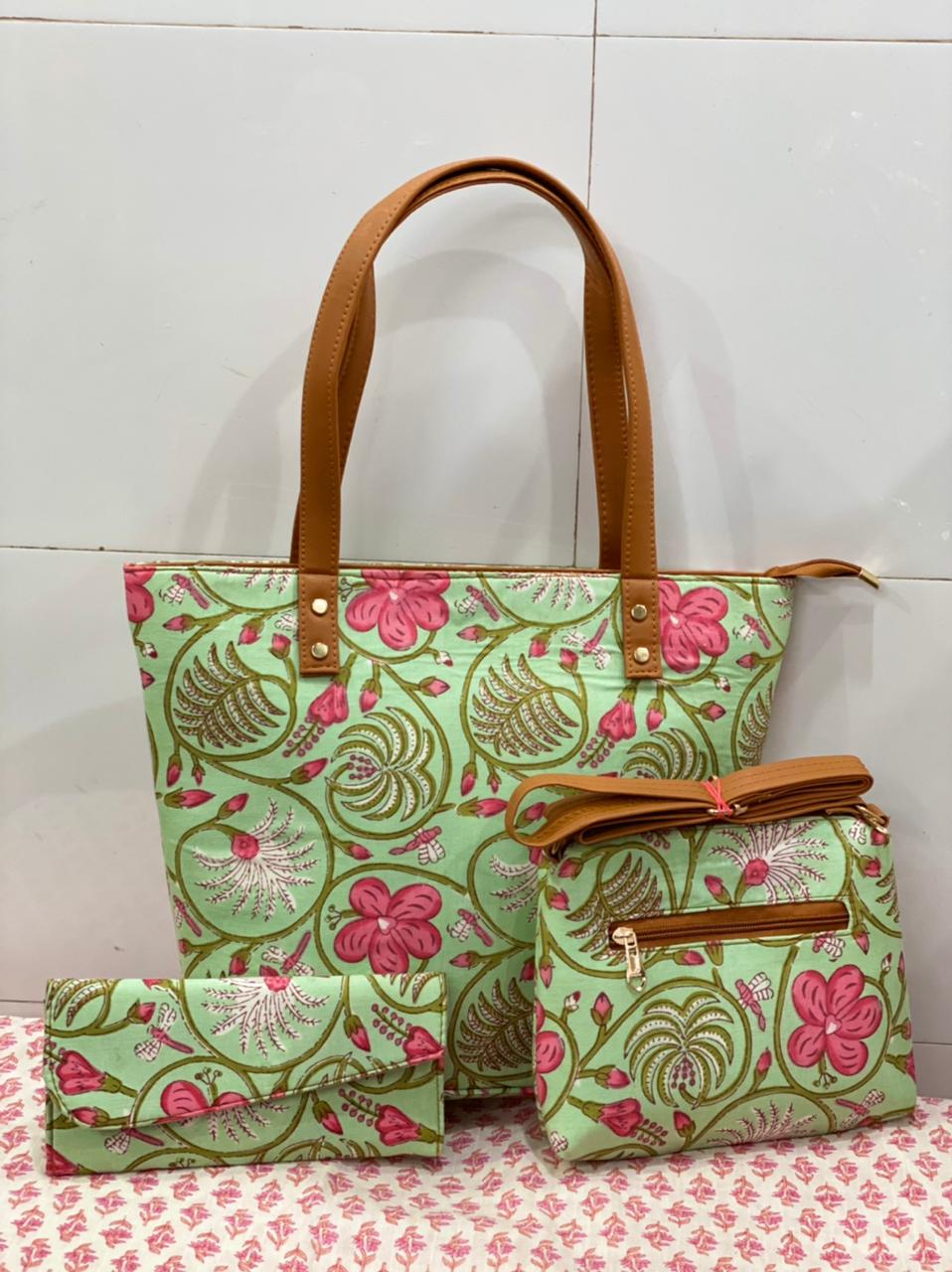 cotton fabric on faux leather bags