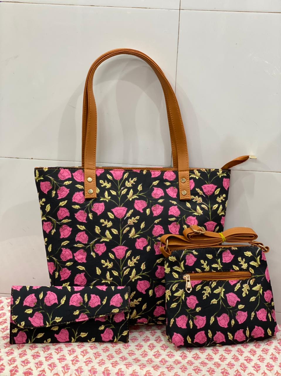 cotton fabric on faux leather bags