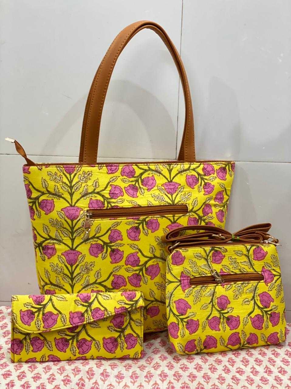cotton fabric on faux leather bags