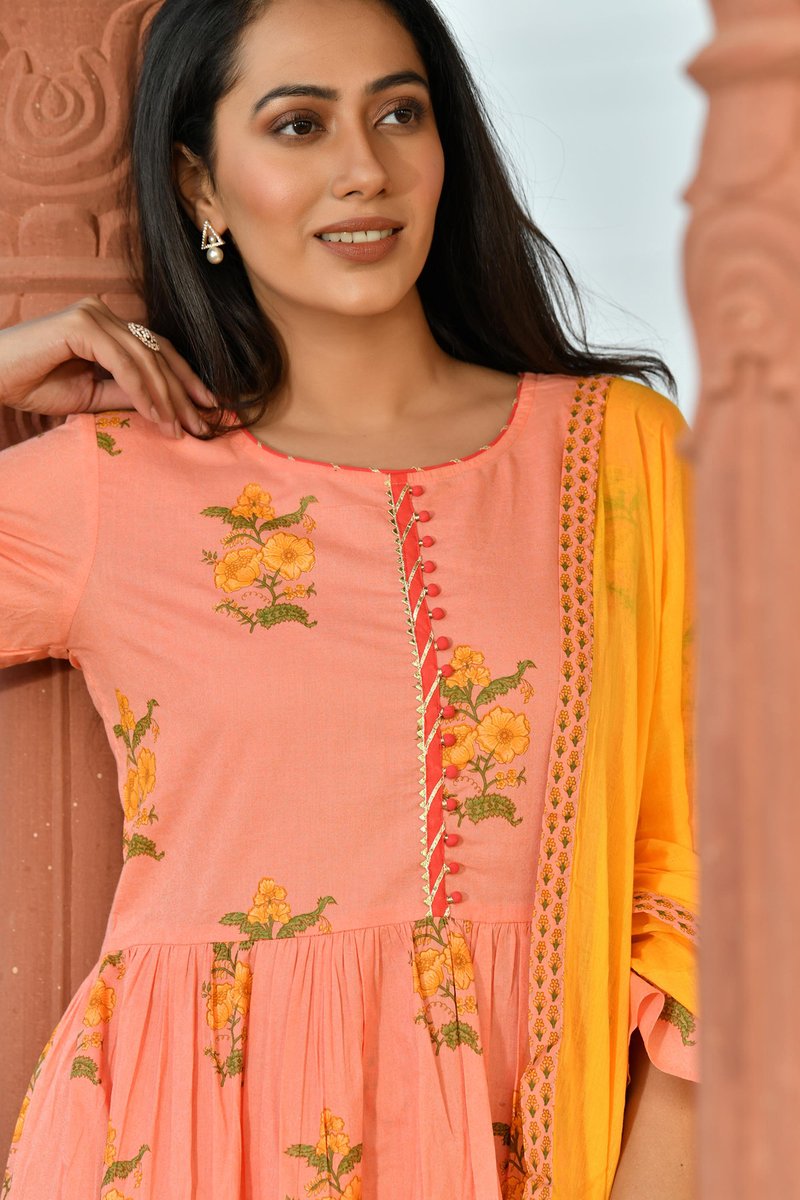 cotton frock style kurta with pant and dupatta