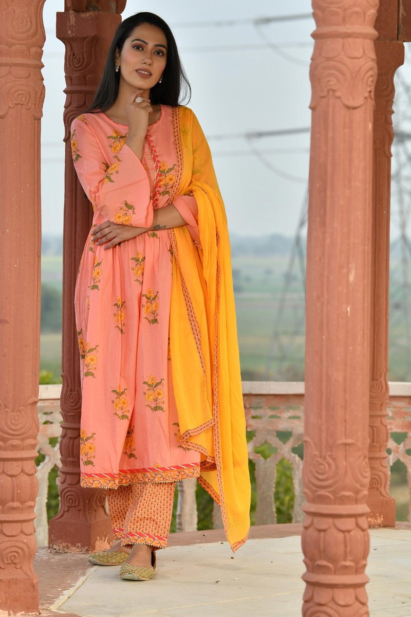 cotton frock style kurta with pant and dupatta