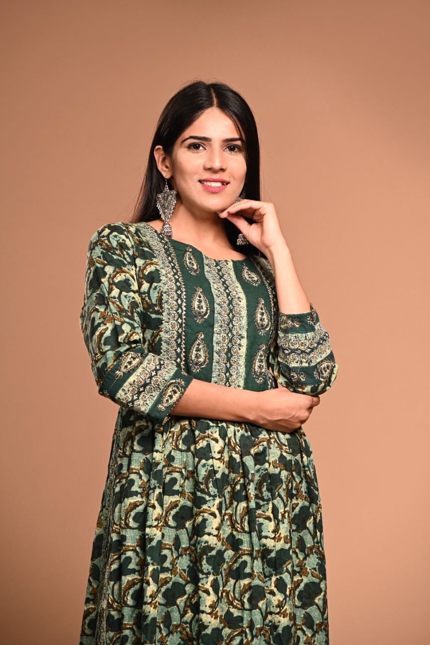 Ajrakh Pure Cotton Embroidery Kurti - Pant Set